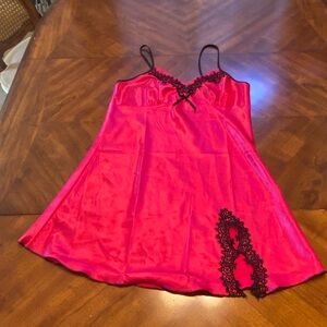 Elegant Hot Pink Satin Lace Trim Chemise Slip Dress Large